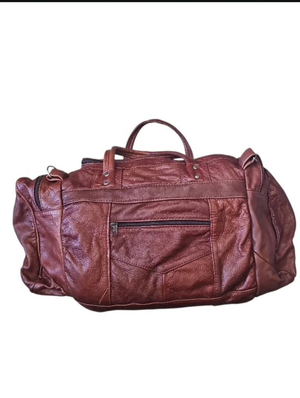 Vintage Handmade Mexican Genuine Leather Duffel Bag Brown Weekender Travel Carry
